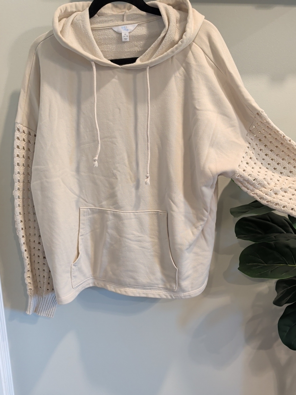 Time and Tru Cream Crochet-Sleeve Hooded Sweater